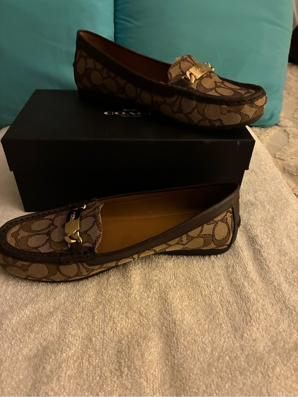 NIB Coach Brown Signature Canvas Loafers with Gold Accent slip-on, original box